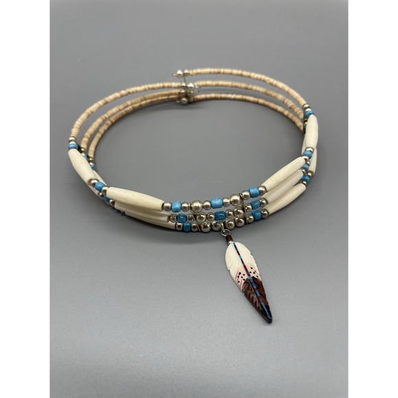 Native Jewelry - Handmade native necklace cream, turquoise, silver beads with feather
